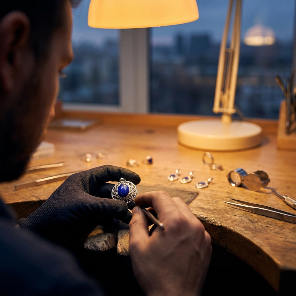 Joaillier Vuillermoz sertissant à la main un cabochon de lapis-lazuli dans monture argent