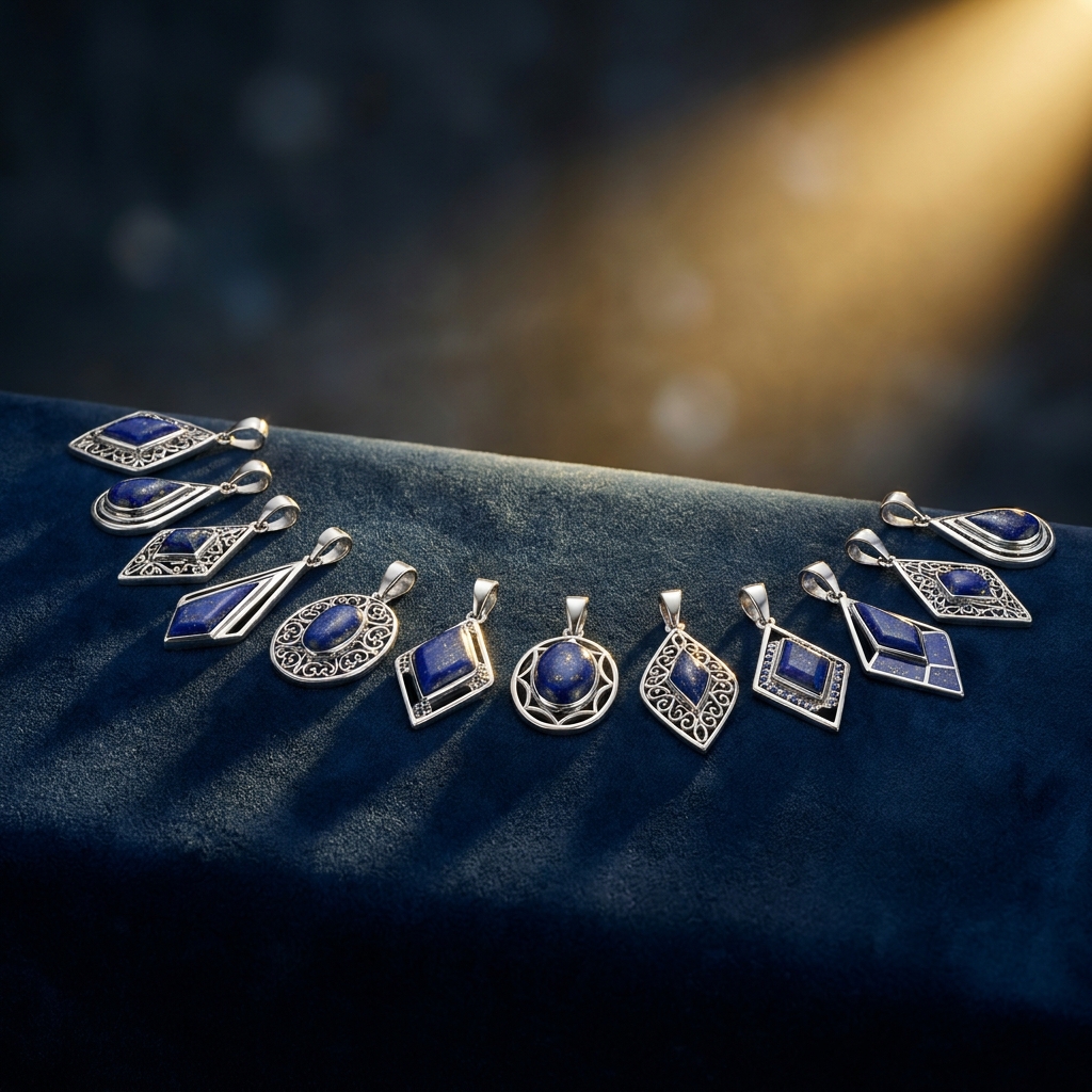 Collection de douze pendentifs lapis lazuli en argent disposés sur velours noir