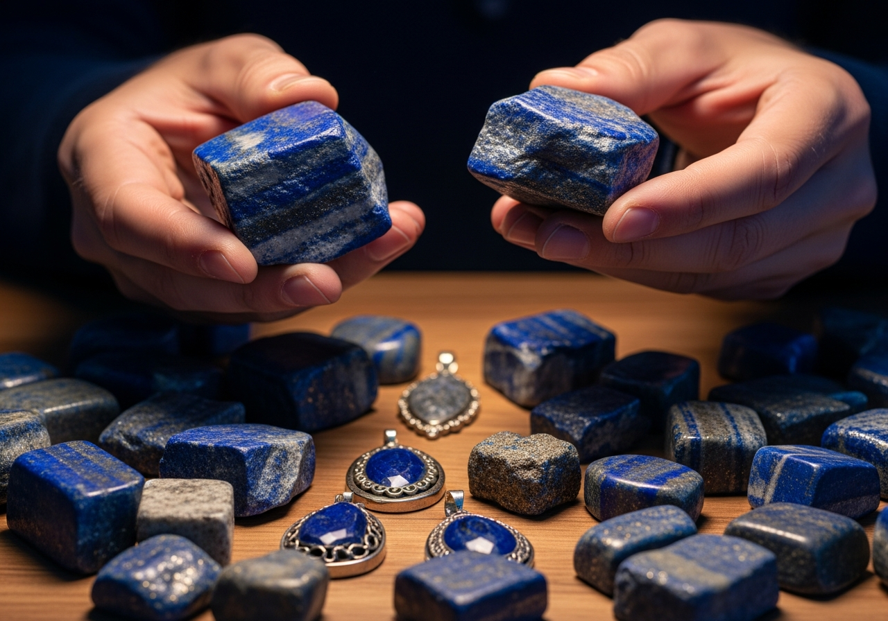 Gros plan sur pierre lapis-lazuli taillée en cabochon ovale montrant nuances de bleu intense