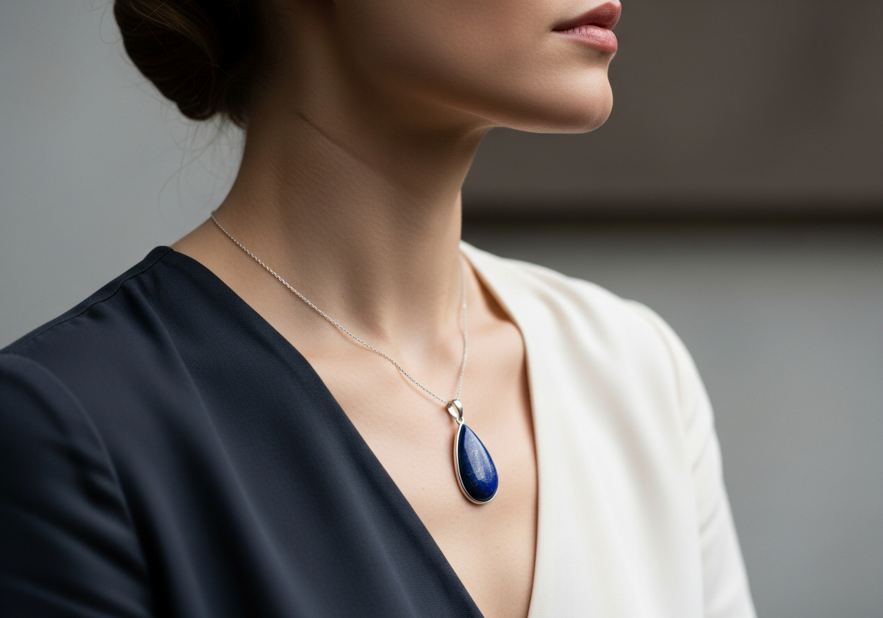 Femme portant pendentif Goutte Céleste en lapis-lazuli sur chaîne argent au niveau du chakra gorge